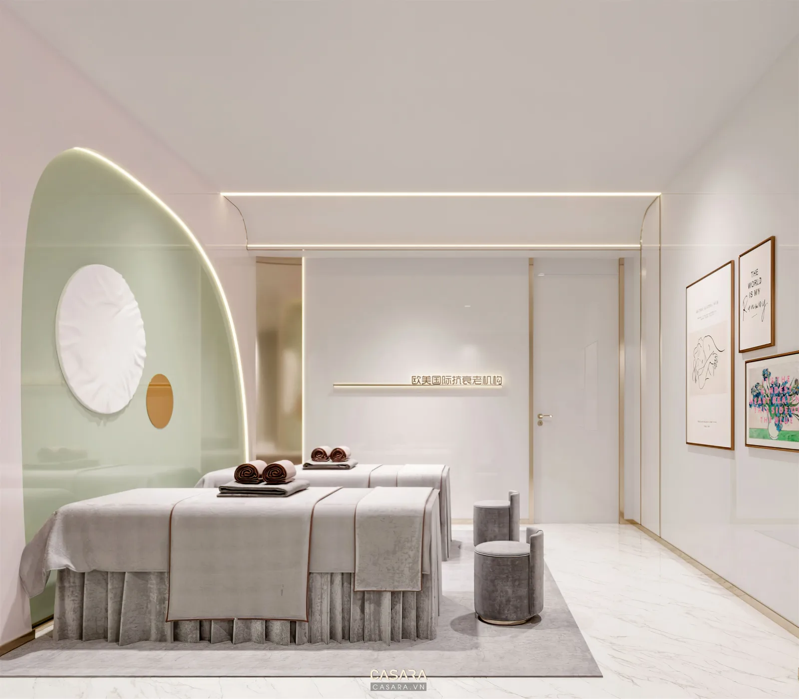 Phòng spa nhỏ đẹp với giường massage và vách trang trí