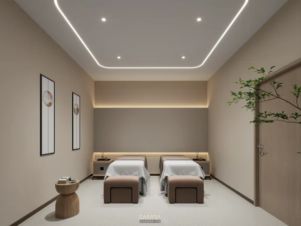 Phòng trị liệu đôi tông be cho nội thất spa thư giãn