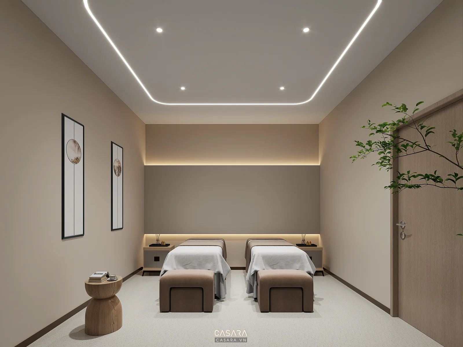 Phòng trị liệu đôi tông be cho nội thất spa thư giãn
