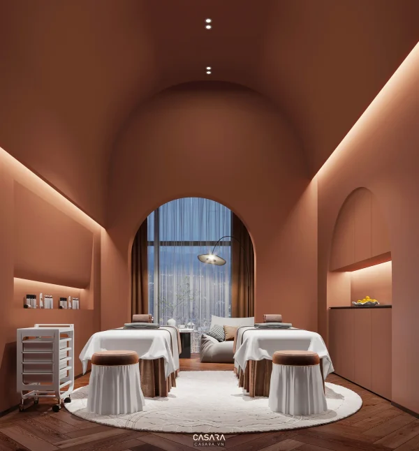 Ảnh phòng trị liệu spa màu đất nung với vòm cửa và đèn hắt do Casara tuyển chọn cho thư viện thiết kế nội thất.