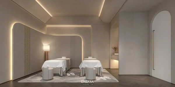 Phòng trị liệu spa tối giản với giường đôi và vách led