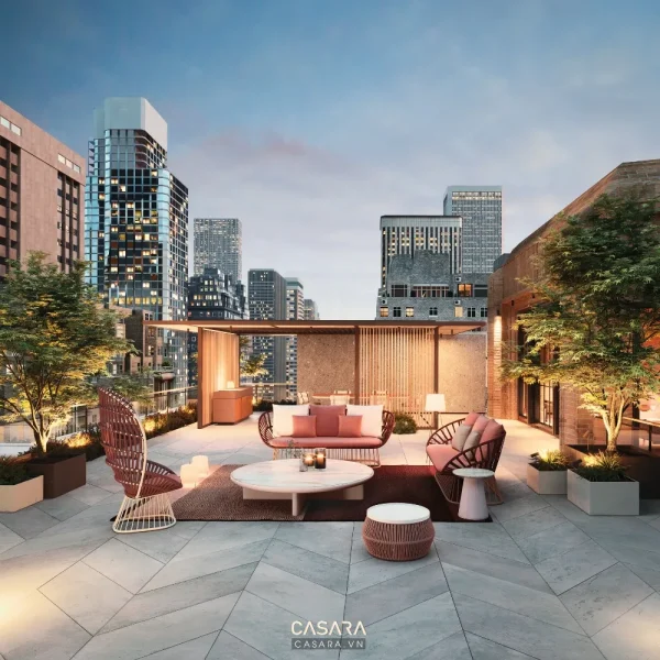 Ảnh sân thượng đô thị có sofa ngoài trời và ánh sáng ấm do Casara tuyển chọn cho thư viện thiết kế nội thất.