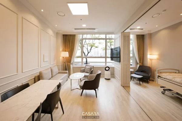 Ảnh thiết kế bệnh viện phong cách 30m2 Indochine với sảnh chờ, hành lang hoặc phòng bệnh sáng màu trong thư viện Casara.