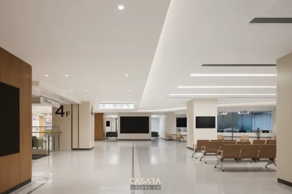 Ảnh thiết kế bệnh viện phong cách hiện đại Nha Trang với sảnh chờ, hành lang hoặc phòng bệnh sáng màu trong thư viện Casara.