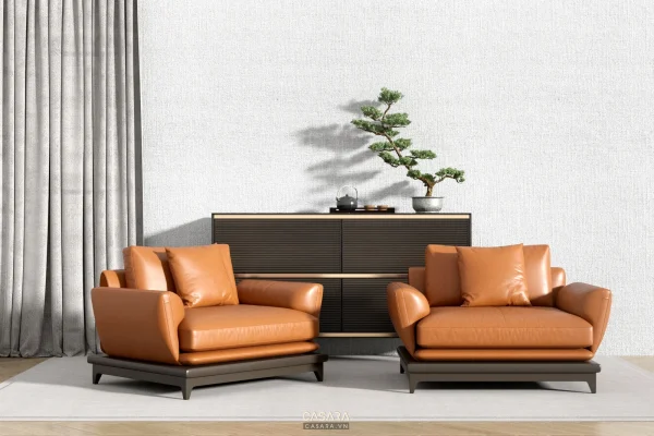 Bộ sofa da nâu cam với console thấp và tường sáng