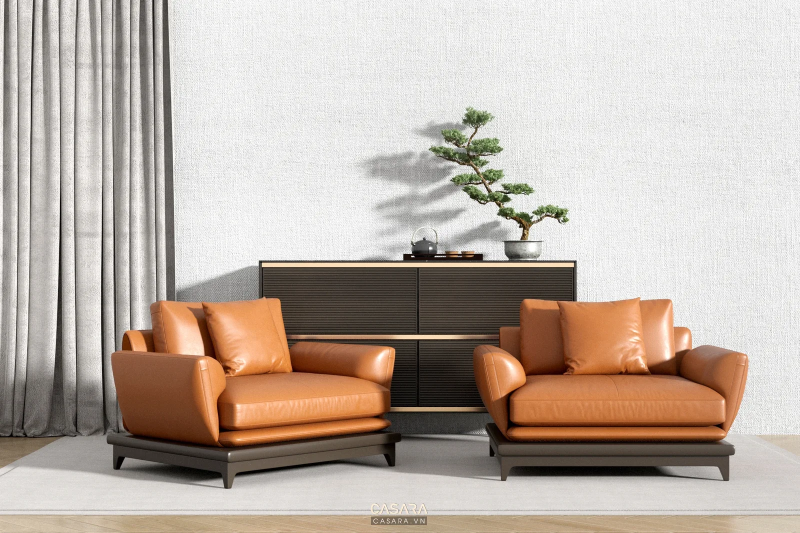 Bộ sofa da nâu cam với console thấp và tường sáng
