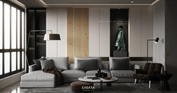 Ảnh thiết kế ghế sofa phong cách Bắc Âu với dáng sofa, màu sắc, chất liệu và bối cảnh phòng khách trong thư viện Casara.