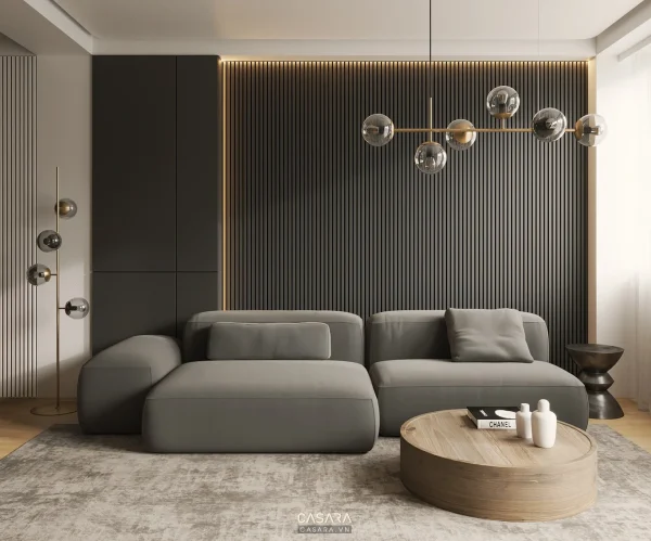 Ảnh thiết kế ghế sofa phong cách Bắc Âu với dáng sofa, màu sắc, chất liệu và bối cảnh phòng khách trong thư viện Casara.