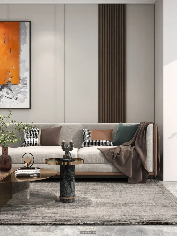 Ảnh thiết kế ghế sofa phong cách gỗ công nghiệp tông đen với dáng sofa, màu sắc, chất liệu và bối cảnh phòng khách trong thư viện Casara.