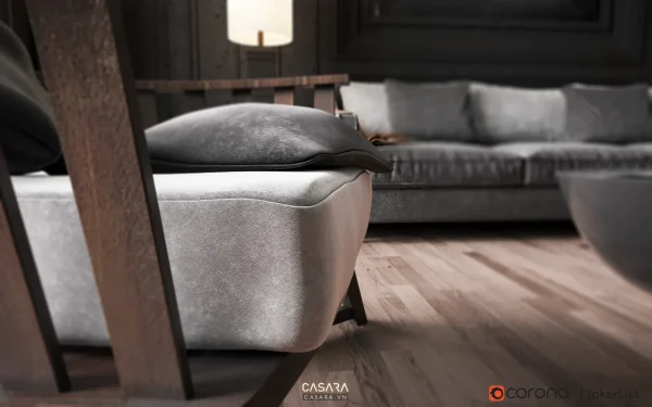 Ảnh thiết kế ghế sofa phong cách gỗ óc chó với dáng sofa, màu sắc, chất liệu và bối cảnh phòng khách trong thư viện Casara.