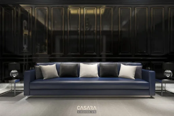 Ảnh thiết kế ghế sofa phong cách hiện đại tông đen với dáng sofa, màu sắc, chất liệu và bối cảnh phòng khách trong thư viện Casara.