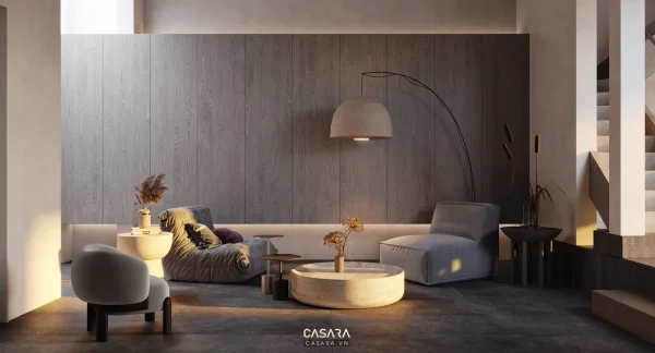 Ảnh thiết kế ghế sofa phong cách Indochine trắng sáng với dáng sofa, màu sắc, chất liệu và bối cảnh phòng khách trong thư viện Casara.