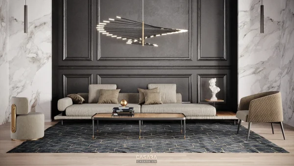 Phòng khách có phào chỉ tối và sofa sáng cho chủ đề nhà tân cổ điển 2 tầng Phòng khách có phào chỉ cho thấy chi tiết tân cổ điển cần đi cùng tỷ lệ sofa. nhà tân cổ điển 2 tầng nhà mặt tiền phòng khách bếp phòng ngủ công năng ánh sáng vật liệu bố trí Casara https://casara.vn/