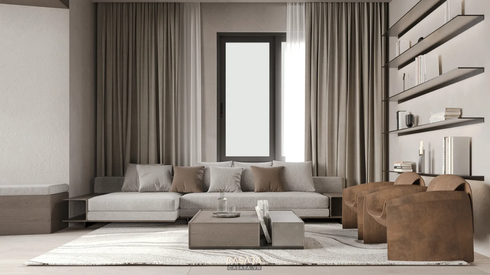 Sofa xám và bàn trà kính minh họa cách chọn đồ rời vừa tỷ lệ phòng nhỏ.