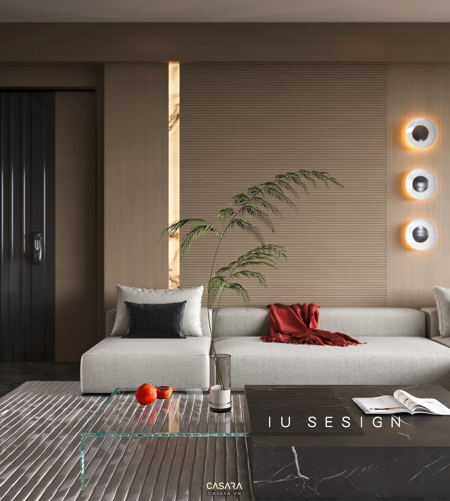 Sofa xám trong phòng khách tông nâu có đèn tường tròn