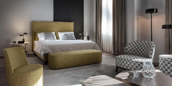 Ảnh thiết kế giường phong cách Bắc Âu với giường, đầu giường, chăn ga và tab đầu giường trong thư viện Casara.