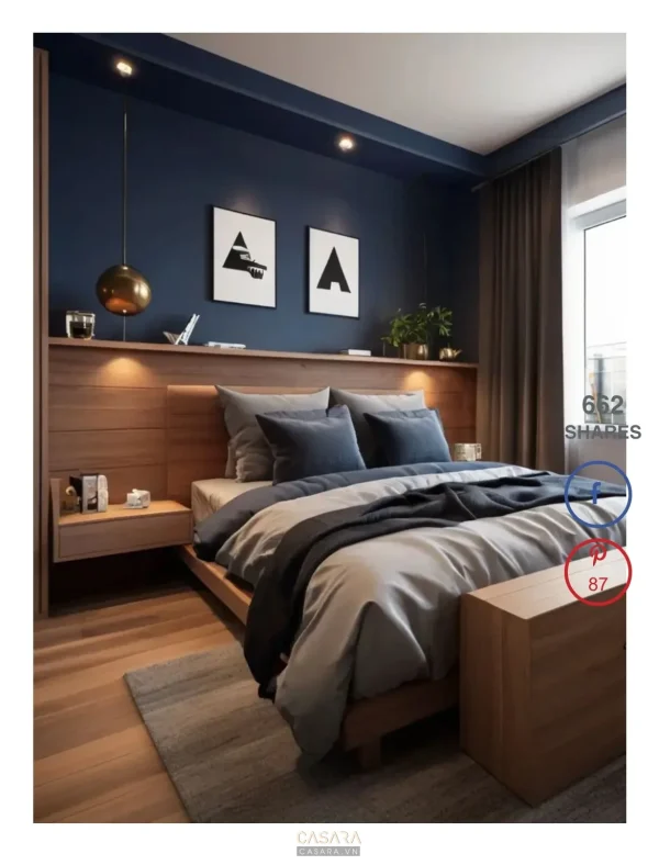 Ảnh thiết kế giường phong cách Bắc Âu với giường, đầu giường, chăn ga và tab đầu giường trong thư viện Casara.