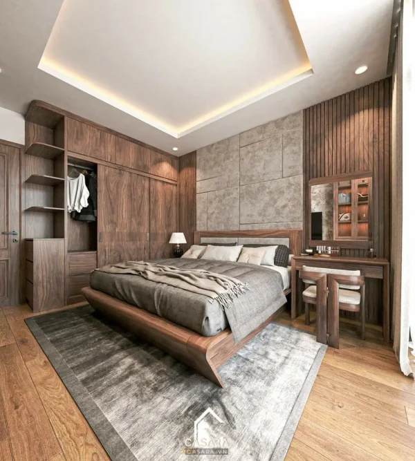 Ảnh thiết kế giường phong cách đá nhân tạo trắng sáng với giường, đầu giường, chăn ga và tab đầu giường trong thư viện Casara.