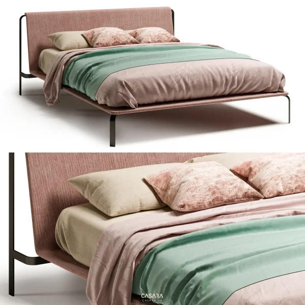Ảnh thiết kế giường phong cách Indochine trắng sáng với giường, đầu giường, chăn ga và tab đầu giường trong thư viện Casara.