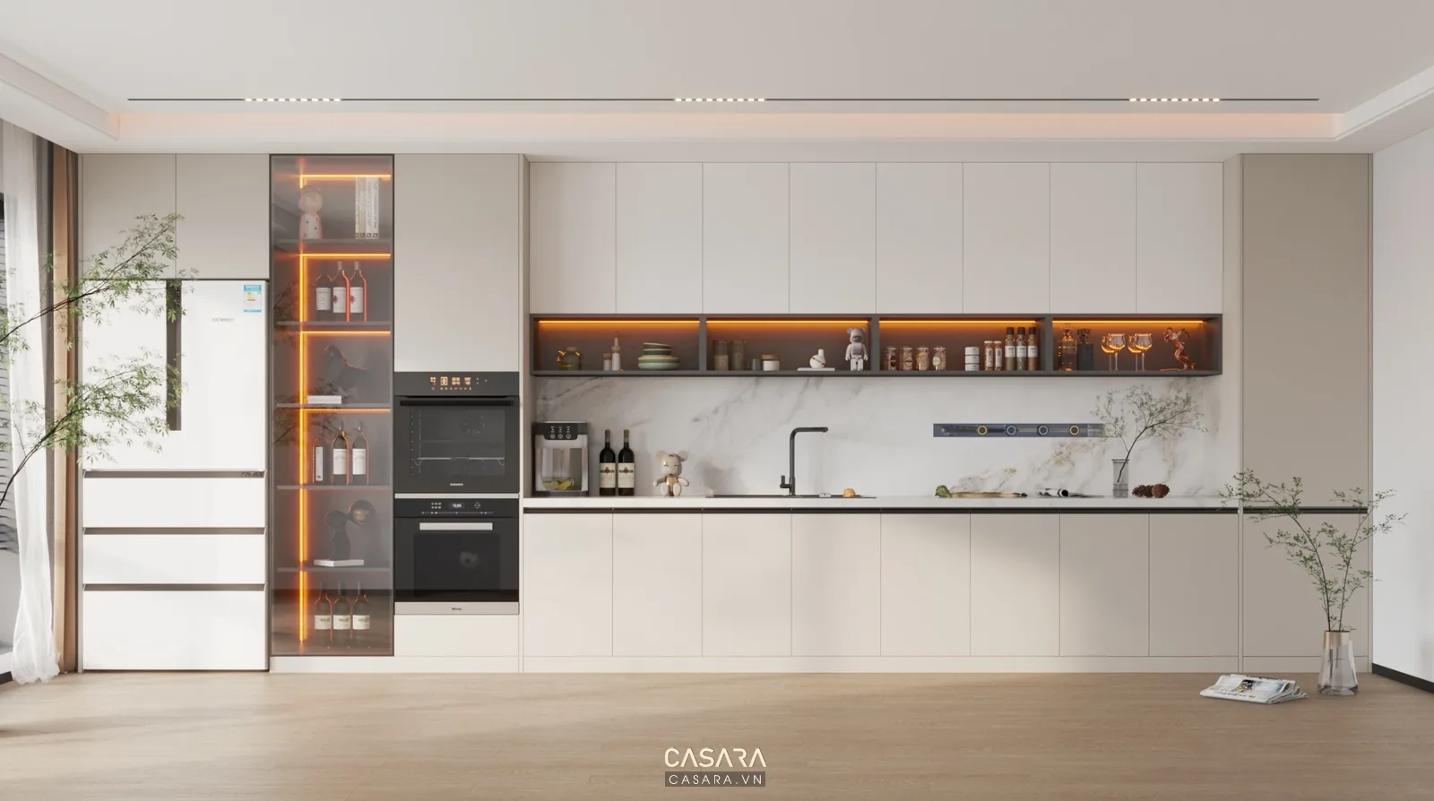 Ảnh thiết kế tủ bếp phong cách gỗ tự nhiên với mặt bếp, khoang lưu trữ, đảo bếp hoặc thiết bị âm tủ trong thư viện Casara.
