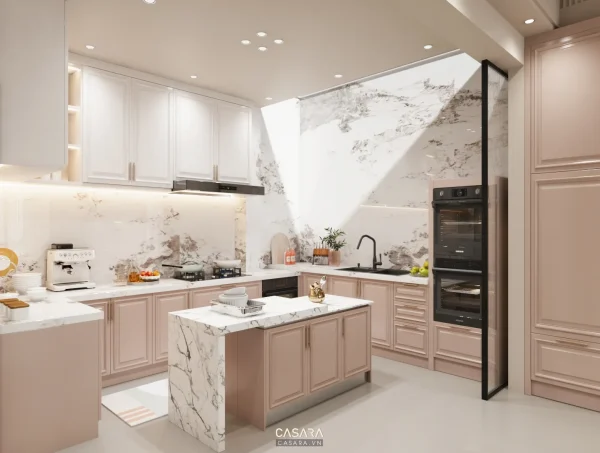 Ảnh thiết kế tủ bếp phong cách Indochine trắng sáng với mặt bếp, khoang lưu trữ, đảo bếp hoặc thiết bị âm tủ trong thư viện Casara.