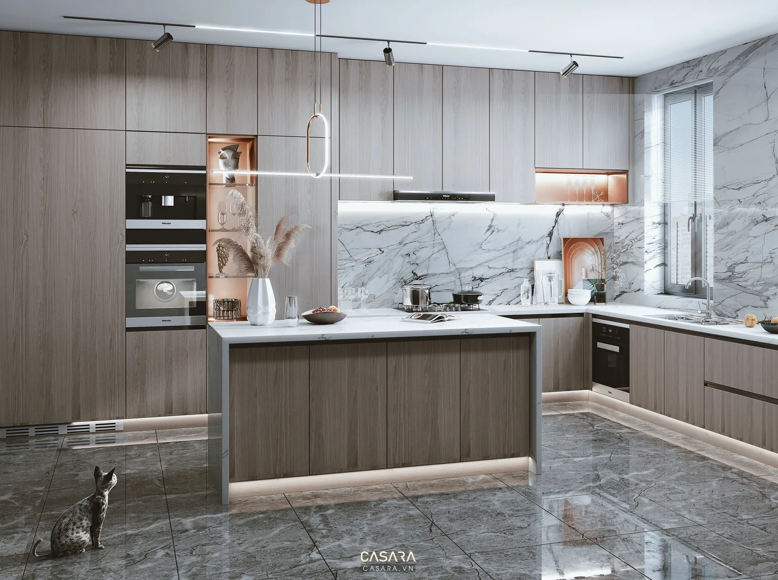 Tủ bếp kính cường lực với đảo bếp, thiết bị âm tủ và hệ lưu trữ hiện đại