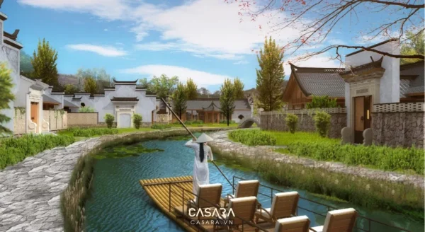 Ảnh tiểu cảnh sân vườn với lối dạo, hồ nước, cây xanh, bồn cây và ghế nghỉ trong thư viện Casara.