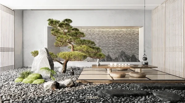 Ảnh tiểu cảnh trong nhà phong cách 60m2 sang trọng với cây xanh, sỏi, nước, giếng trời hoặc mảng xanh trang trí trong thư viện Casara.