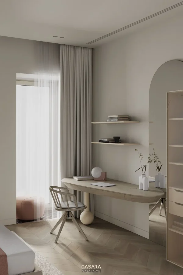 Ảnh tủ áo phòng thay đồ phong cách Bắc Âu với khoang treo, kệ mở, cánh kính và lối đi dài trong thư viện Casara.