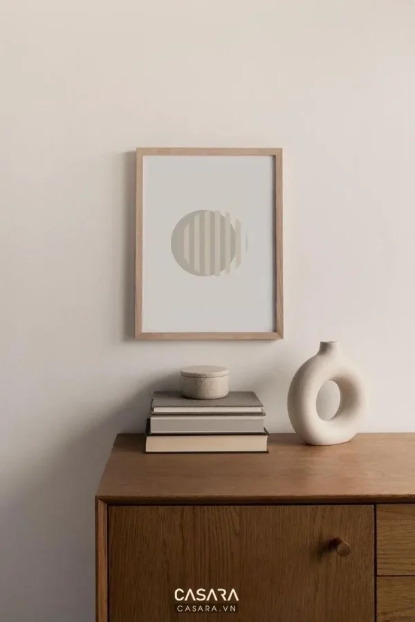 Góc decor tối giản với tủ trang trí nhỏ, sách, bình gốm và tranh treo tường