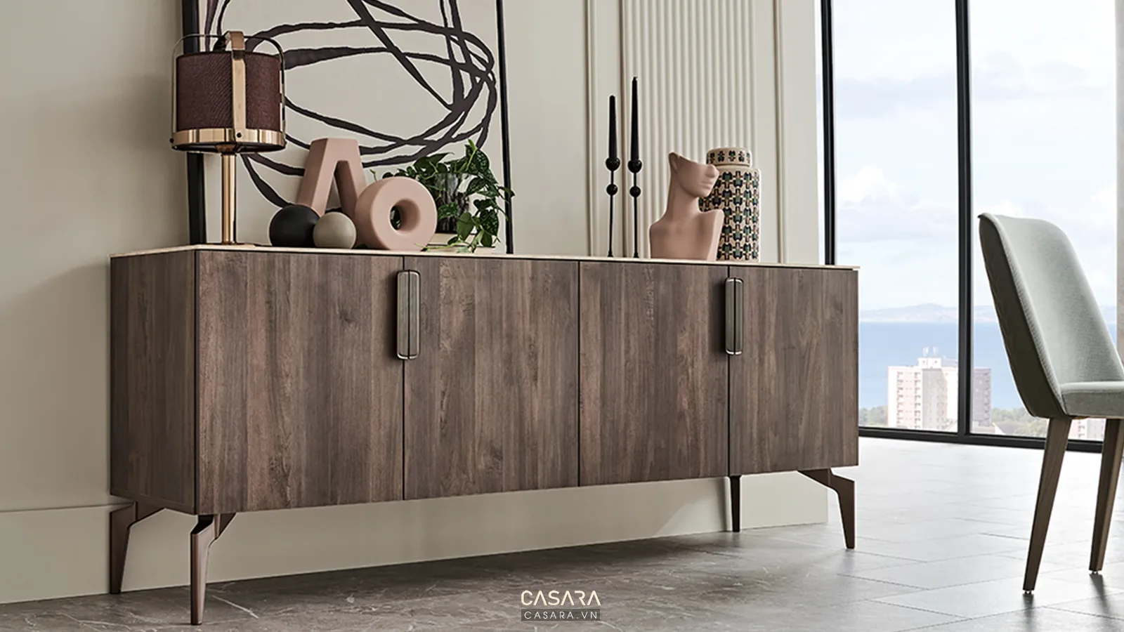 Ảnh tủ kệ trang trí phong cách Bắc Âu với kệ sách, console hoặc hệ lưu trữ trang trí trong thư viện Casara.