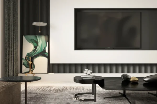 Ảnh tủ kệ trang trí phong cách Bắc Âu với kệ sách, console hoặc hệ lưu trữ trang trí trong thư viện Casara.