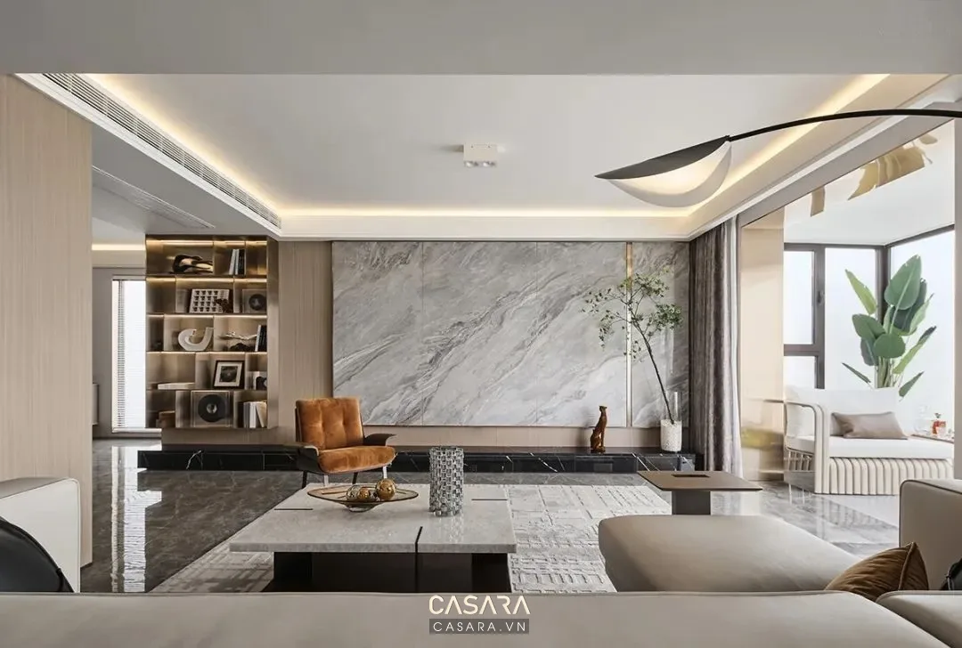 Ảnh tủ kệ trang trí phong cách gỗ công nghiệp tông đen với kệ sách, console hoặc hệ lưu trữ trang trí trong thư viện Casara.