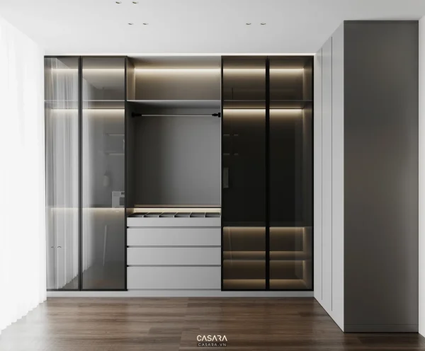 Ảnh tủ kệ trang trí phong cách gỗ óc chó với kệ sách, console hoặc hệ lưu trữ trang trí trong thư viện Casara.