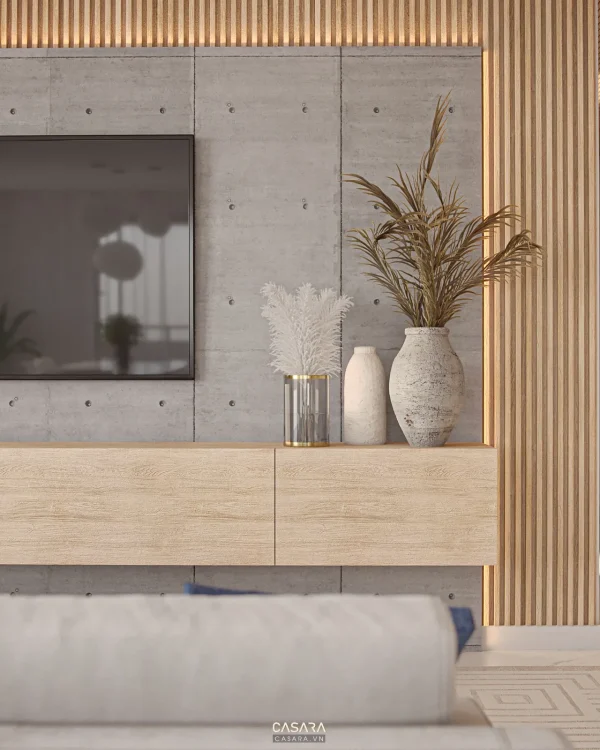 Ảnh tủ kệ trang trí phong cách gỗ tự nhiên với kệ sách, console hoặc hệ lưu trữ trang trí trong thư viện Casara.