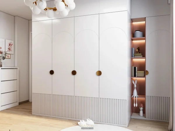 Ảnh tủ kệ trang trí phong cách kính cường lực với kệ sách, console hoặc hệ lưu trữ trang trí trong thư viện Casara.