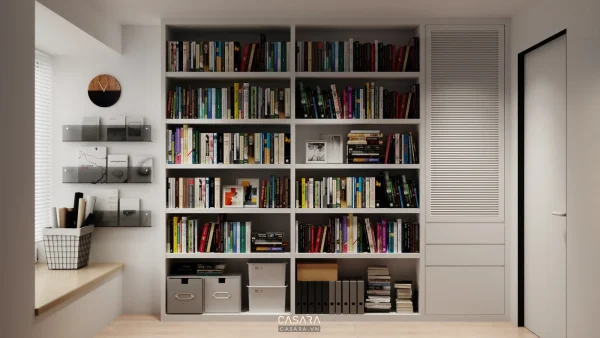 Ảnh tủ kệ trang trí phong cách tân cổ điển đường nét mềm mại với kệ sách, console hoặc hệ lưu trữ trang trí trong thư viện Casara.