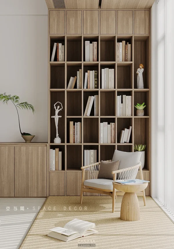 Ảnh tủ kệ trang trí phong cách tân cổ điển xanh trầm với kệ sách, console hoặc hệ lưu trữ trang trí trong thư viện Casara.