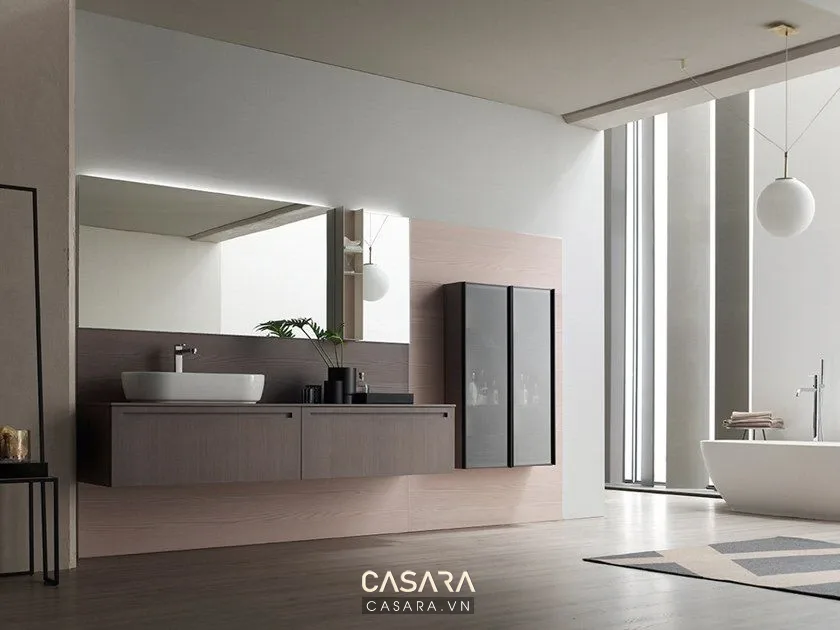 Tủ lavabo treo tường màu xám hồng trong phòng tắm