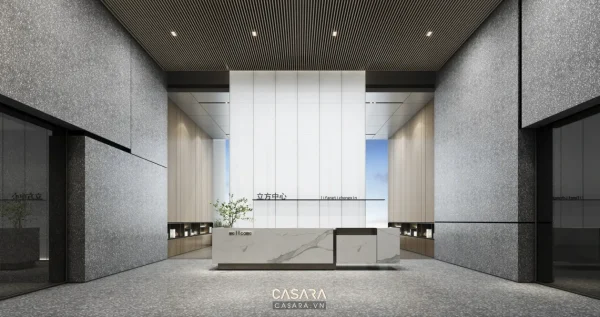 Ảnh văn phòng phong cách 30m2 sang trọng với quầy, vách kính, bàn làm việc và vật liệu hiện đại trong thư viện Casara.