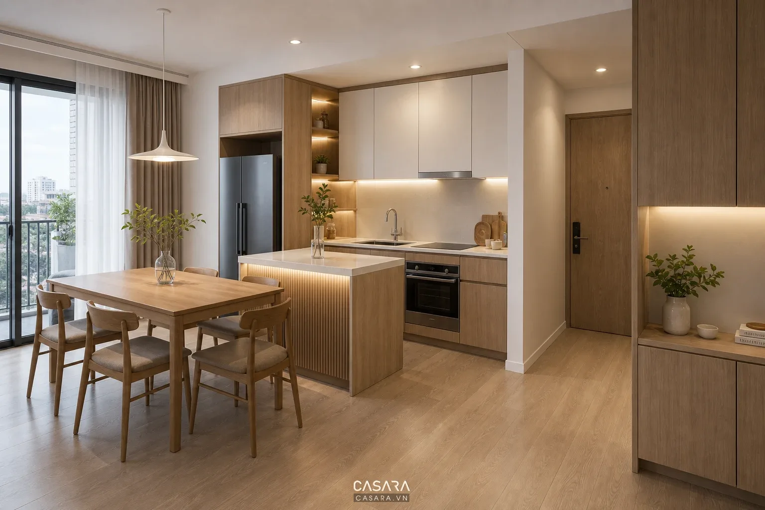Khu bếp và bàn ăn trong căn hộ chung cư hiện đại