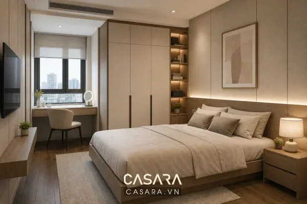 Phòng ngủ chung cư có tủ áo và bàn trang điểm gọn cho chủ đề nội thất phòng Casara.