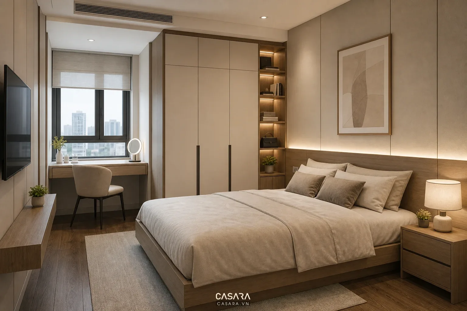 Phòng ngủ chung cư có tủ áo và bàn trang điểm gọn