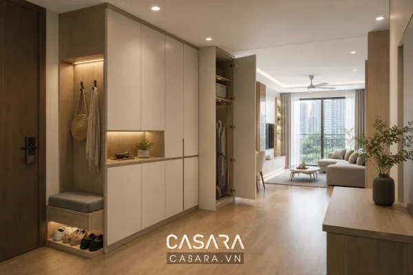 Tủ lưu trữ sảnh căn hộ chung cư gọn và kín