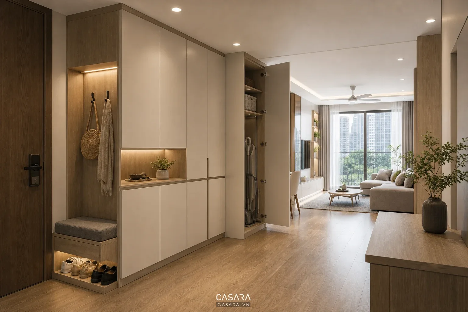 Tủ lưu trữ sảnh căn hộ chung cư gọn và kín