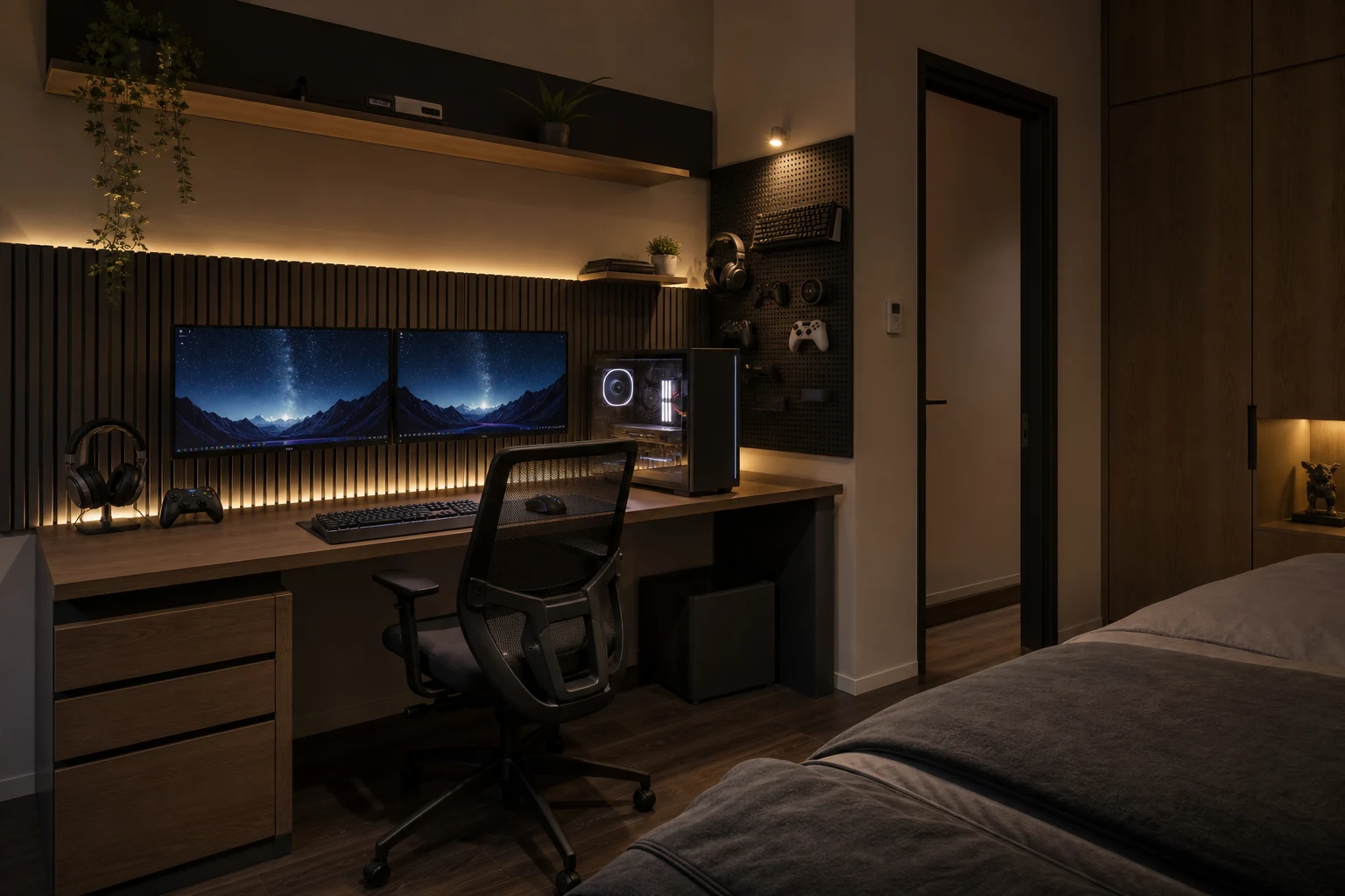 Góc bàn máy tính trong phòng ngủ gaming với màn hình đôi, ghế công thái học, PC, kệ phụ kiện và dây điện gọn.