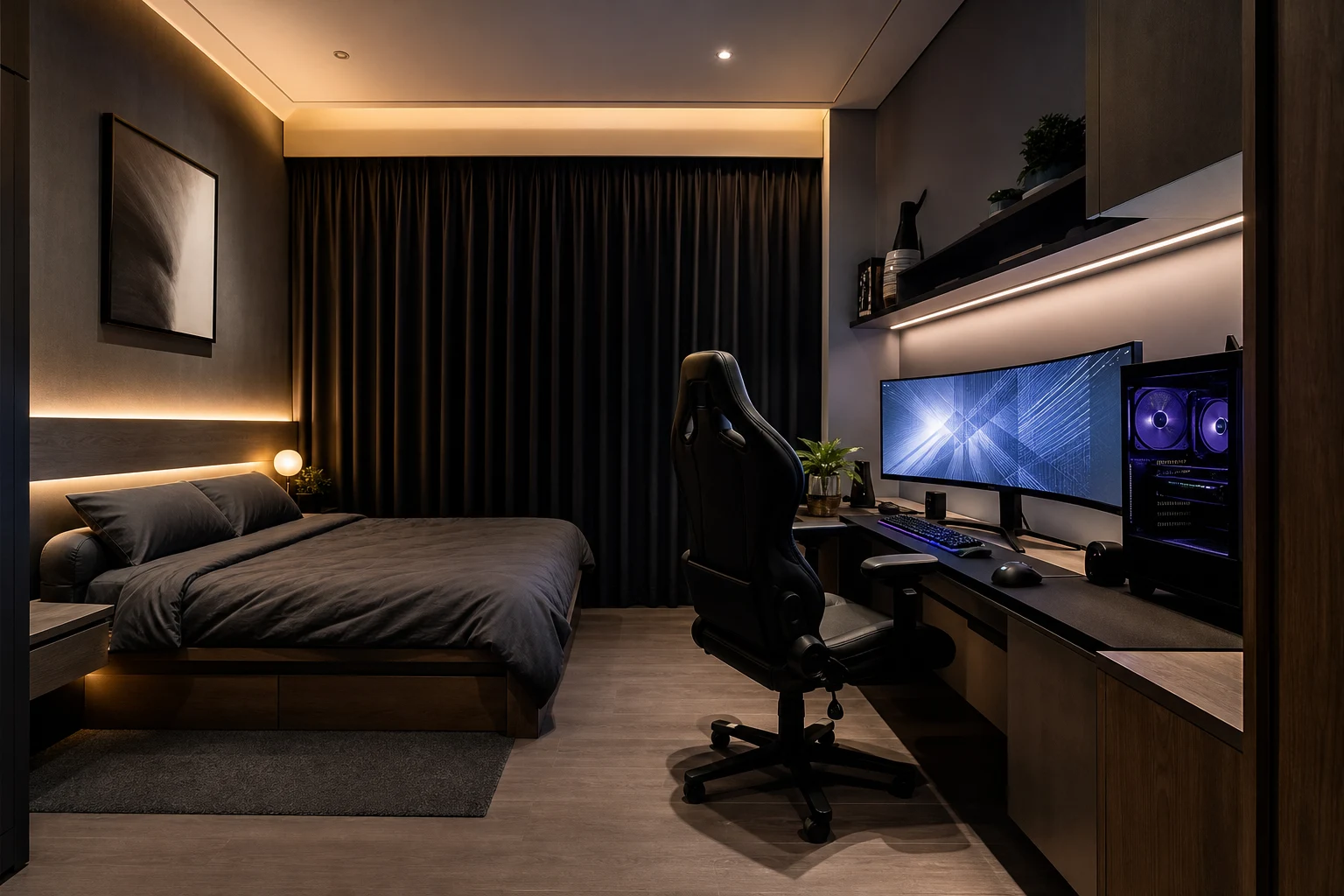 Phòng ngủ gaming có giường, bàn máy, màn hình rộng, rèm tối màu, ánh sáng ấm và đèn RGB tiết chế.