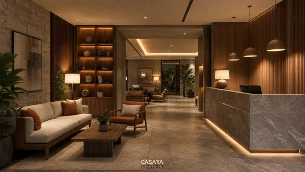 Sảnh khách sạn hiện đại với quầy lễ tân, khu lounge, sofa và ánh sáng ấm