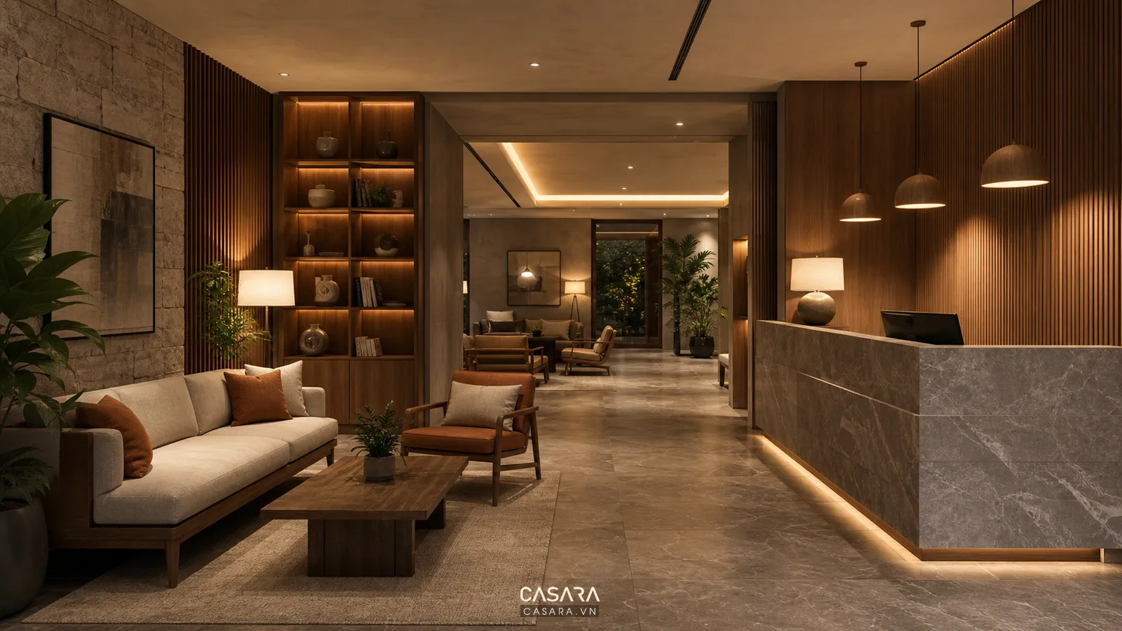 Sảnh khách sạn hiện đại với quầy lễ tân và khu lounge