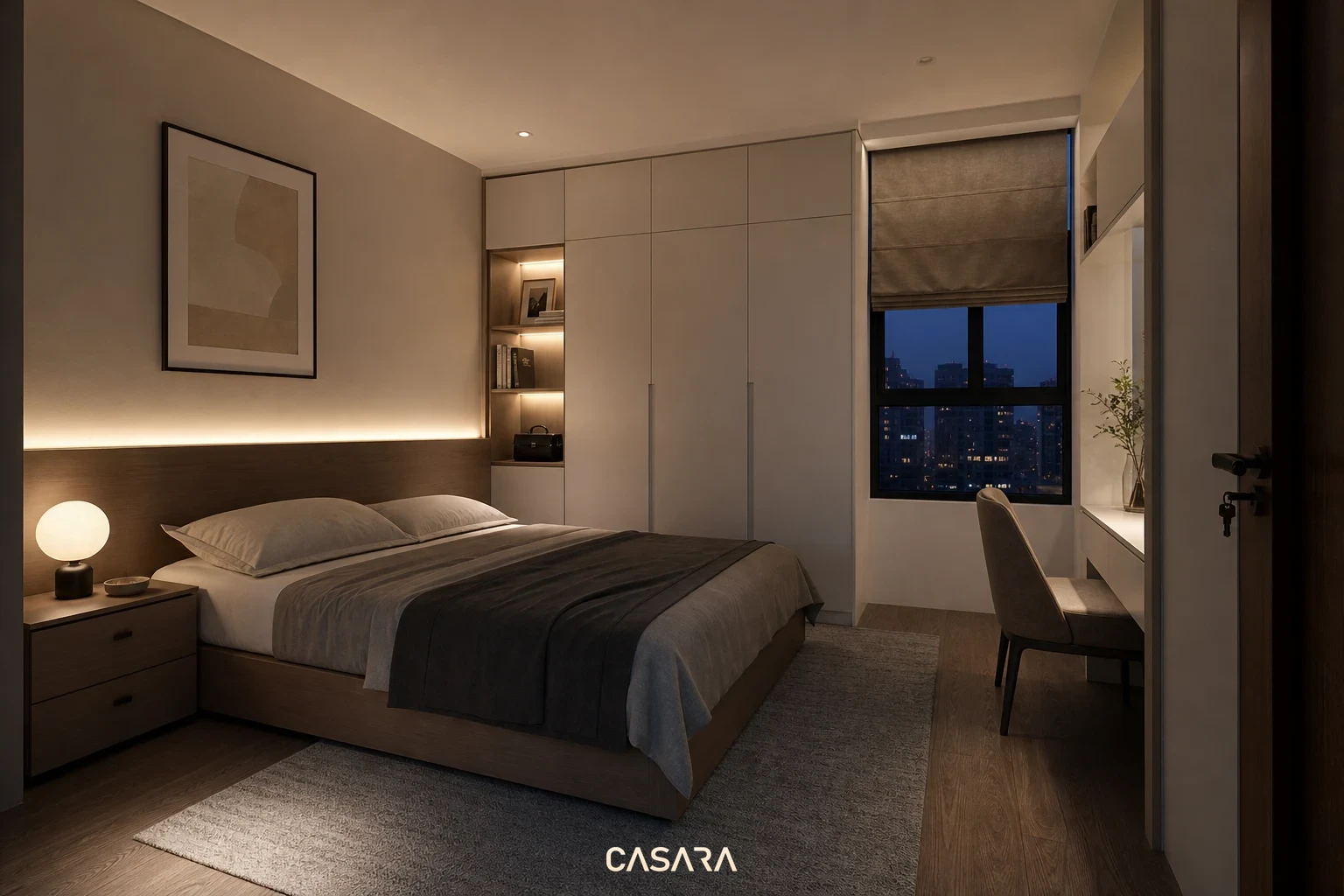 Phòng 15m2 buổi tối có ánh sáng ấm, giường sát tường, tủ liền tường và bàn làm việc gọn